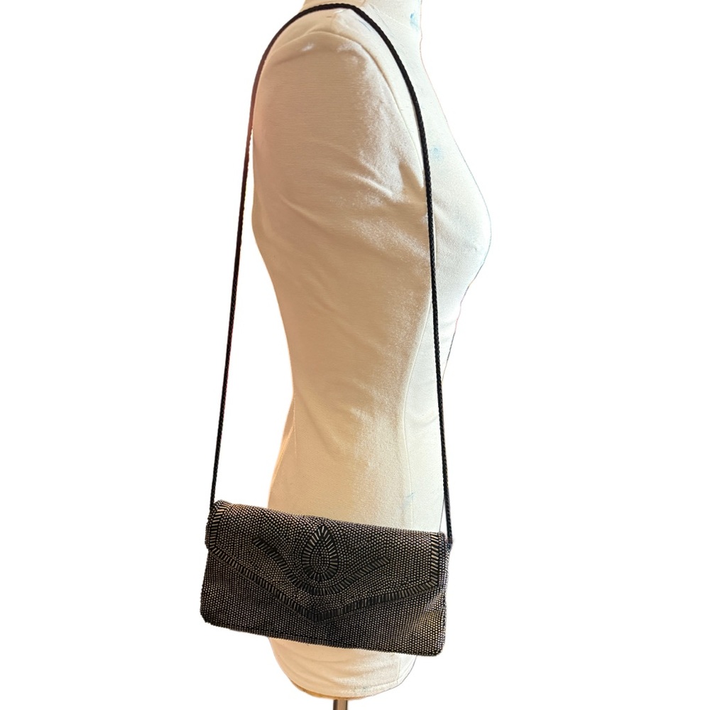 Vintage beaded black satin handbag clutch crossbody evening bag